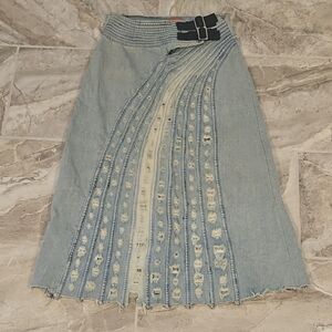 G-Star Light Blue Distressed Denim A-Line Skirt with Double Buckle Waist